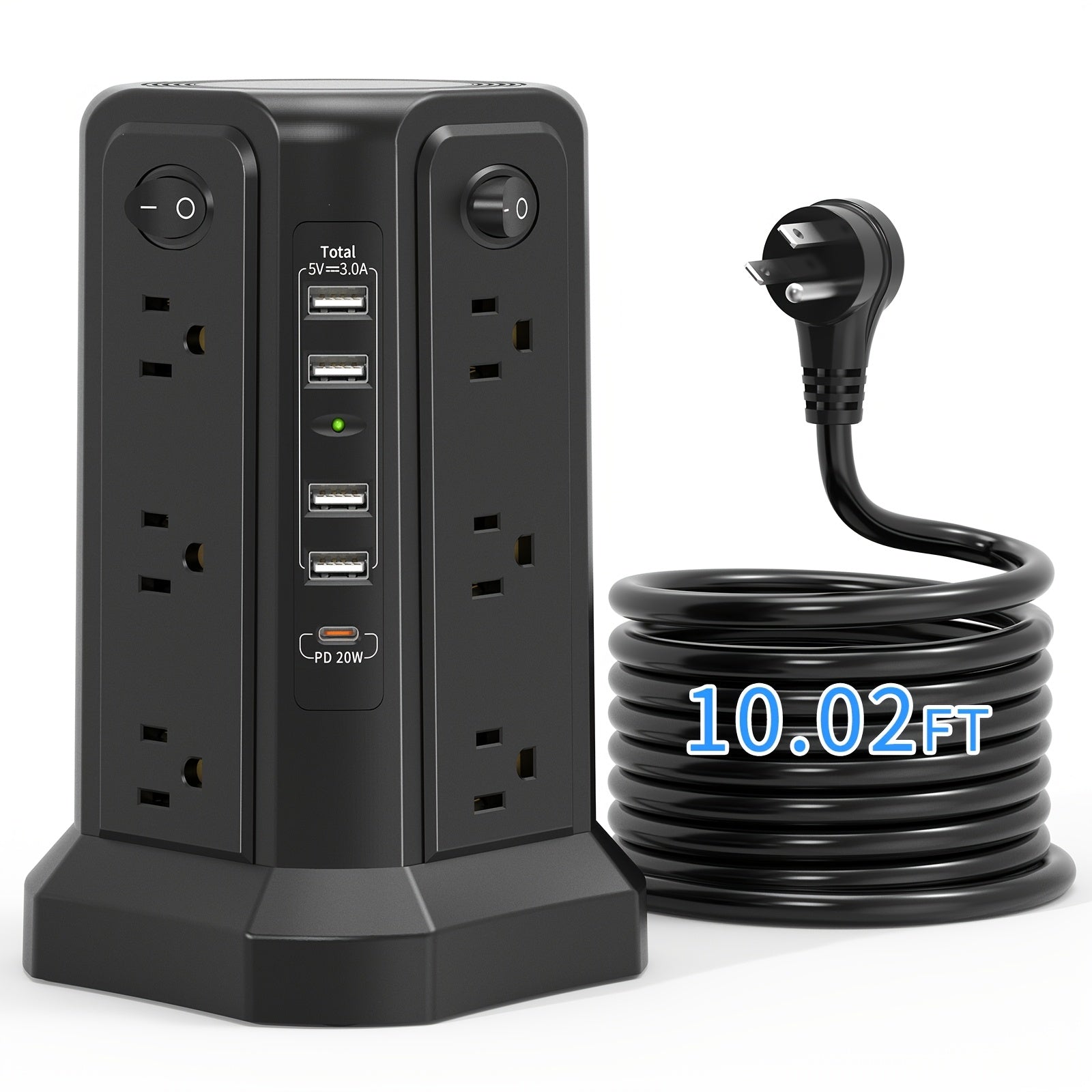 Surge Protector Tower 1800J with 4 USB A Ports, USB C (PD18W) Port, 12 AC Outlets and 10FT Cord DailySale