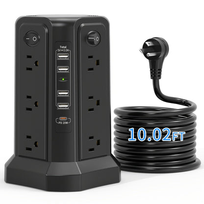 Surge Protector Tower 1800J with 4 USB A Ports, USB C (PD18W) Port, 12 AC Outlets and 10FT Cord DailySale