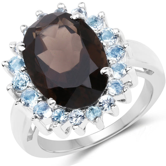 6.79 Carat Genuine Smoky Quartz & Blue Topaz .925 Sterling Silver Ring Bids.com