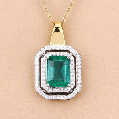 IGI Certified 2.37 Carat Genuine Zambian Emerald and White Diamond 14K Yellow & White Gold Pendant Bids.com