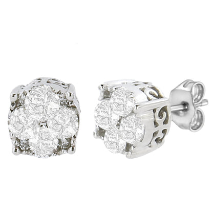.925 Sterling Silver 1/2 cttw Prong Set Round-Cut Diamond Cluster Stud Earring (I-J Color, I2-I3 Clarity) Bids.com