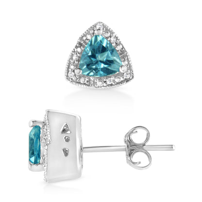 .925 Sterling Silver 6x6 mm Trillion Cut Blue Topaz Gemstone and Diamond Accent Stud Earring (I-J Color, I1-I2 Clarity) Bids.com