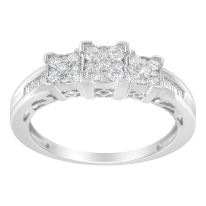10K White Gold 1/2 Cttw Brilliant & Baguette Cut Diamond 3 Stone Design with 3 Square Clusters Engagement Ring (H-I Color, SI2-I1 Clarity) - Size 6-3/4 Bids.com