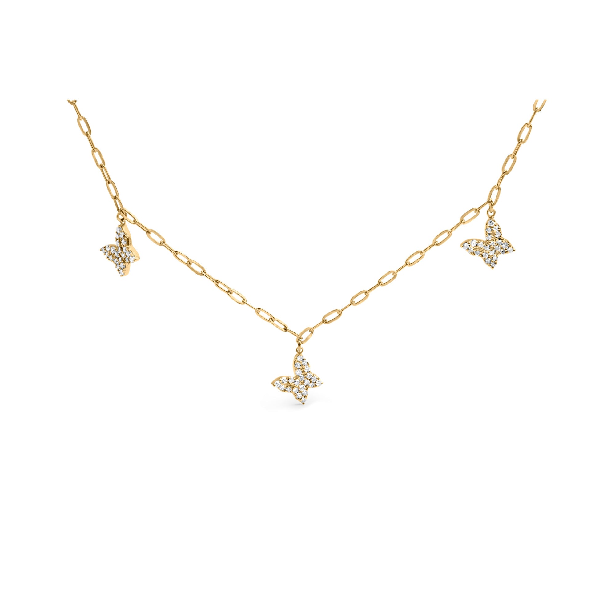 14KT Yellow Gold 1/2 Cttw Diamond Butterfly Station Paperclip Station Necklace (I-J Color, I1-I2 Clarity) - Adjustable 15"-17" Inches Bids.com