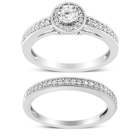 .925 Sterling Silver 1/2 Ctw Diamond Halo and Milgrain Engagement Ring Bridal Set (I-J Color, I3 Clarity) - Ring Size 7 Bids.com