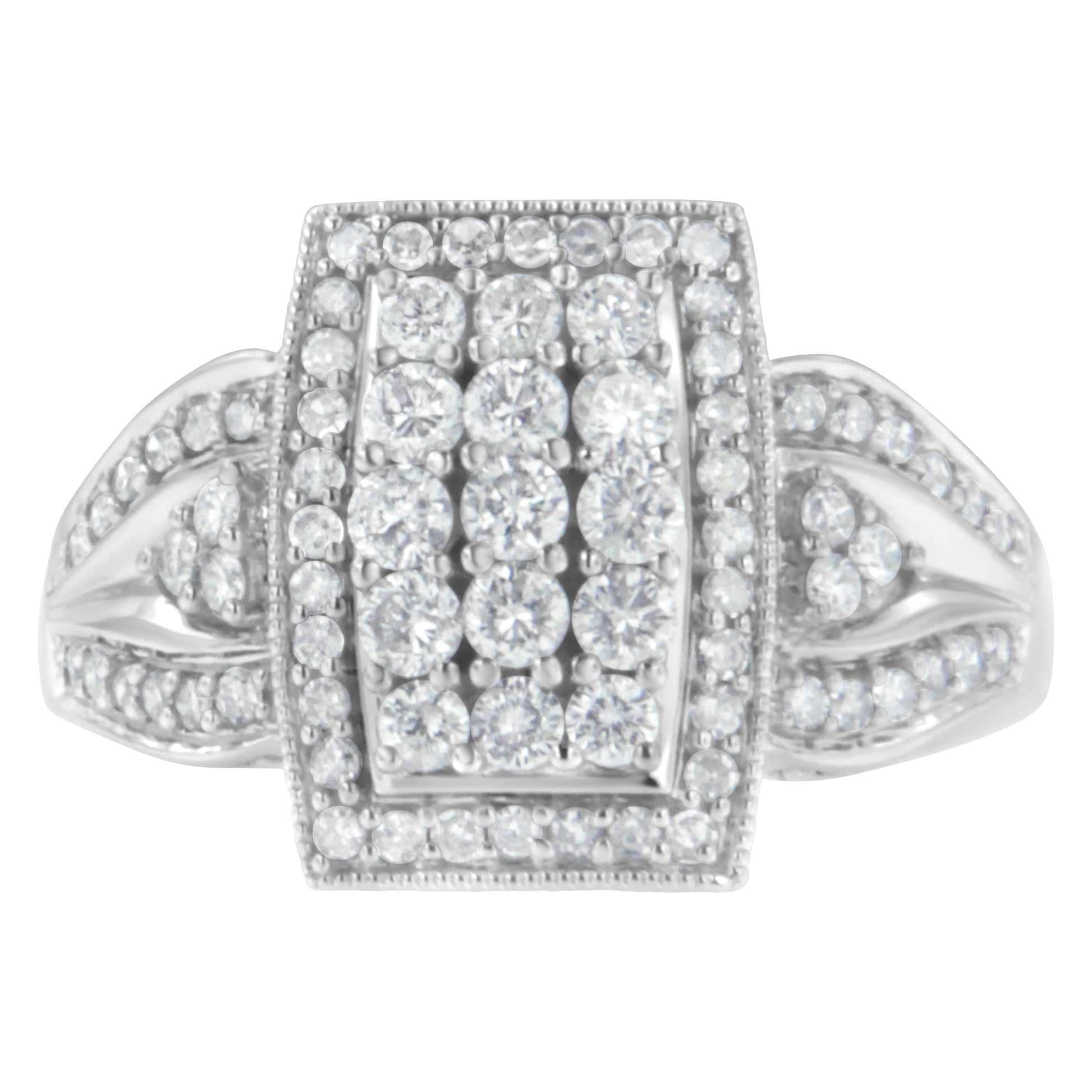 10K White Gold 1.0 Cttw Diamond Rectangular Cushion Shaped Cluster Halo Flared Band Cocktail Fashion Ring (H-I Color, SI2-I1 Clarity) - Size 7 Bids.com
