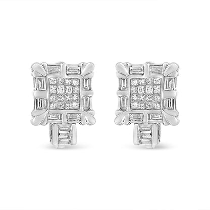 14K White Gold 1.0 Cttw Princess and Baguette-Cut Diamond Square Framed Huggie Hoop Omega Earrings (H-I Color, SI1-SI2 Clarity) Bids.com