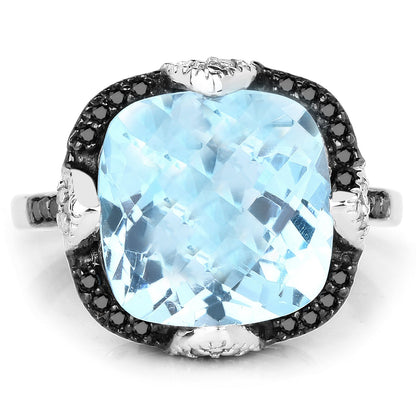 8.29 Carat Genuine Swiss Blue Topaz, Black Diamond & White Diamond .925 Sterling Silver Ring Bids.com