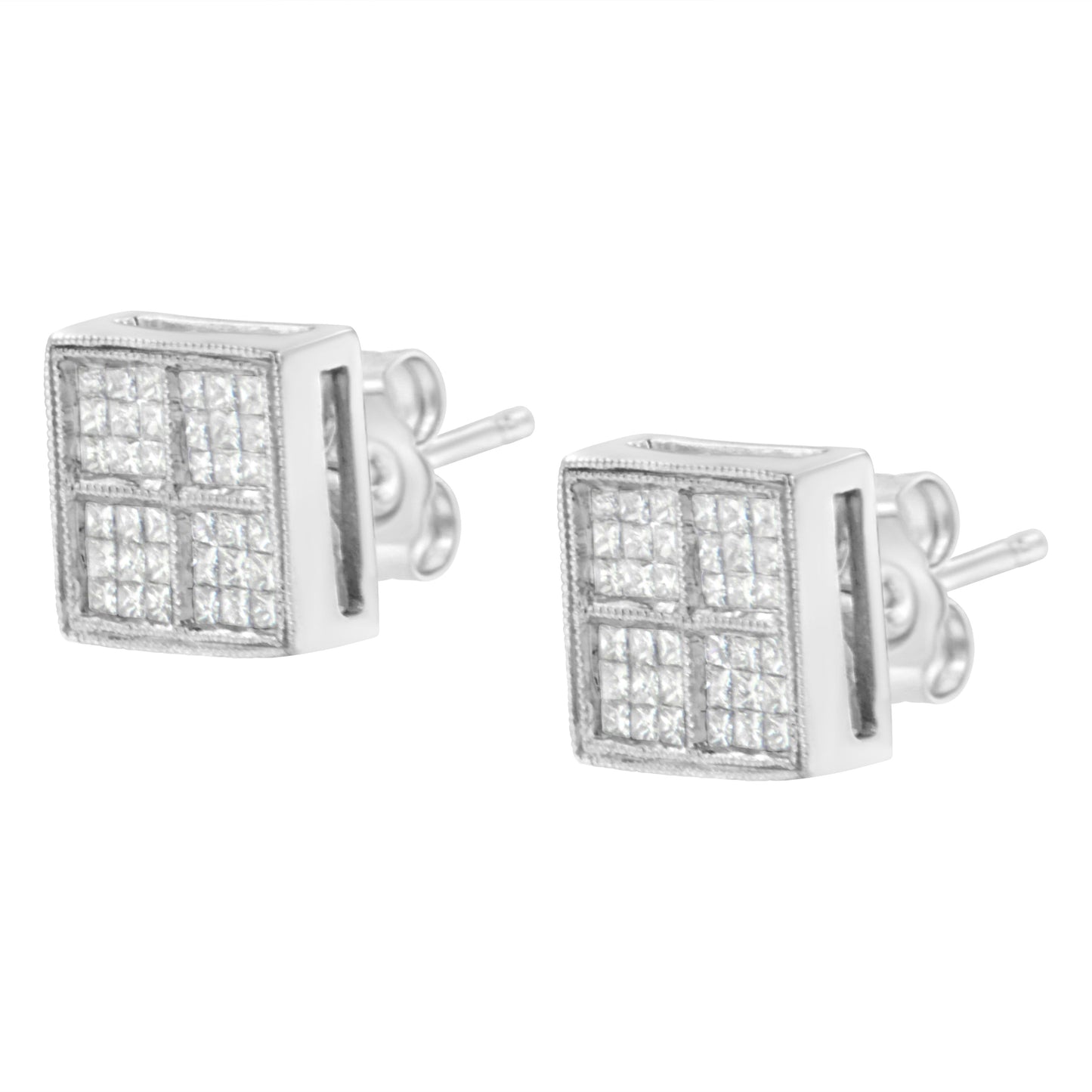 14K White Gold 1/2 Cttw Princess Diamond Composite Box Shape Milgrain Stud Earrings (H-I Color, SI1-SI2 Clarity) Bids.com