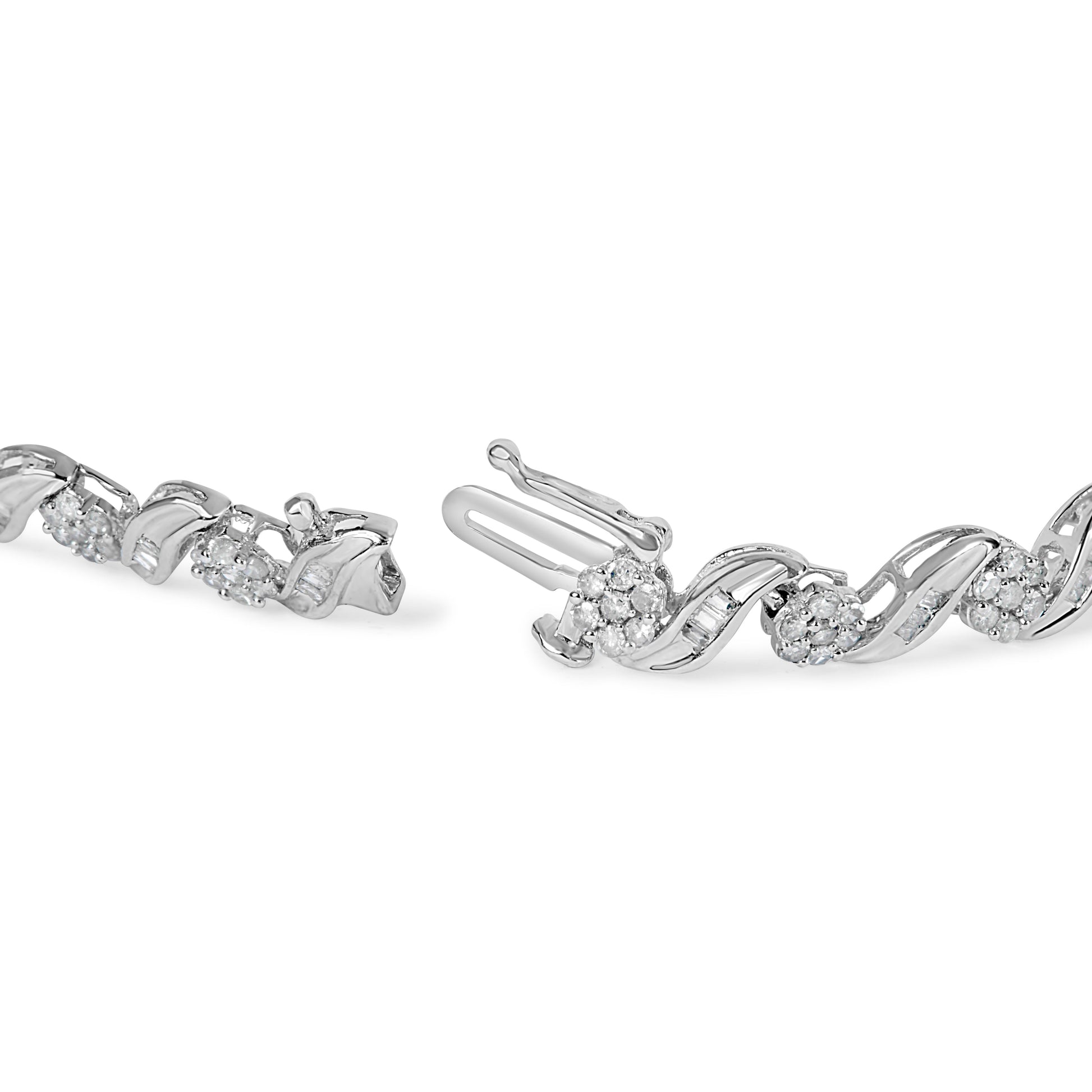10K White Gold 2.00 Cttw Round-Cut and Baguette-Cut Diamond Floral Design Swirl Link 7" Bracelet (I-J Color, I1-I2 Clarity) Bids.com
