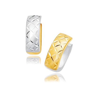 14k Two-Tone Gold Reversible Quilted Hinged Hoop Huggie Earrings Bids.com