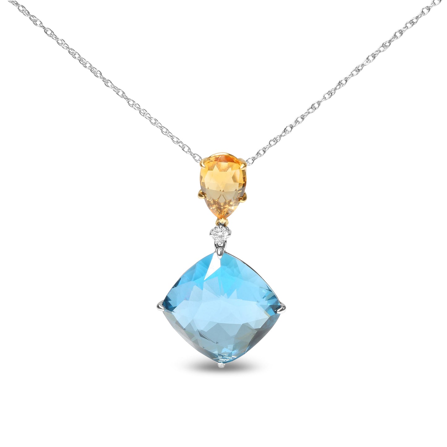 18K White and Yellow Gold Diamond Accent and Yellow Citrine and Sky Blue Topaz Gemstone Dangle Drop 18" Pendant Necklace (G-H Color, SI1-SI2 Clarity) Bids.com