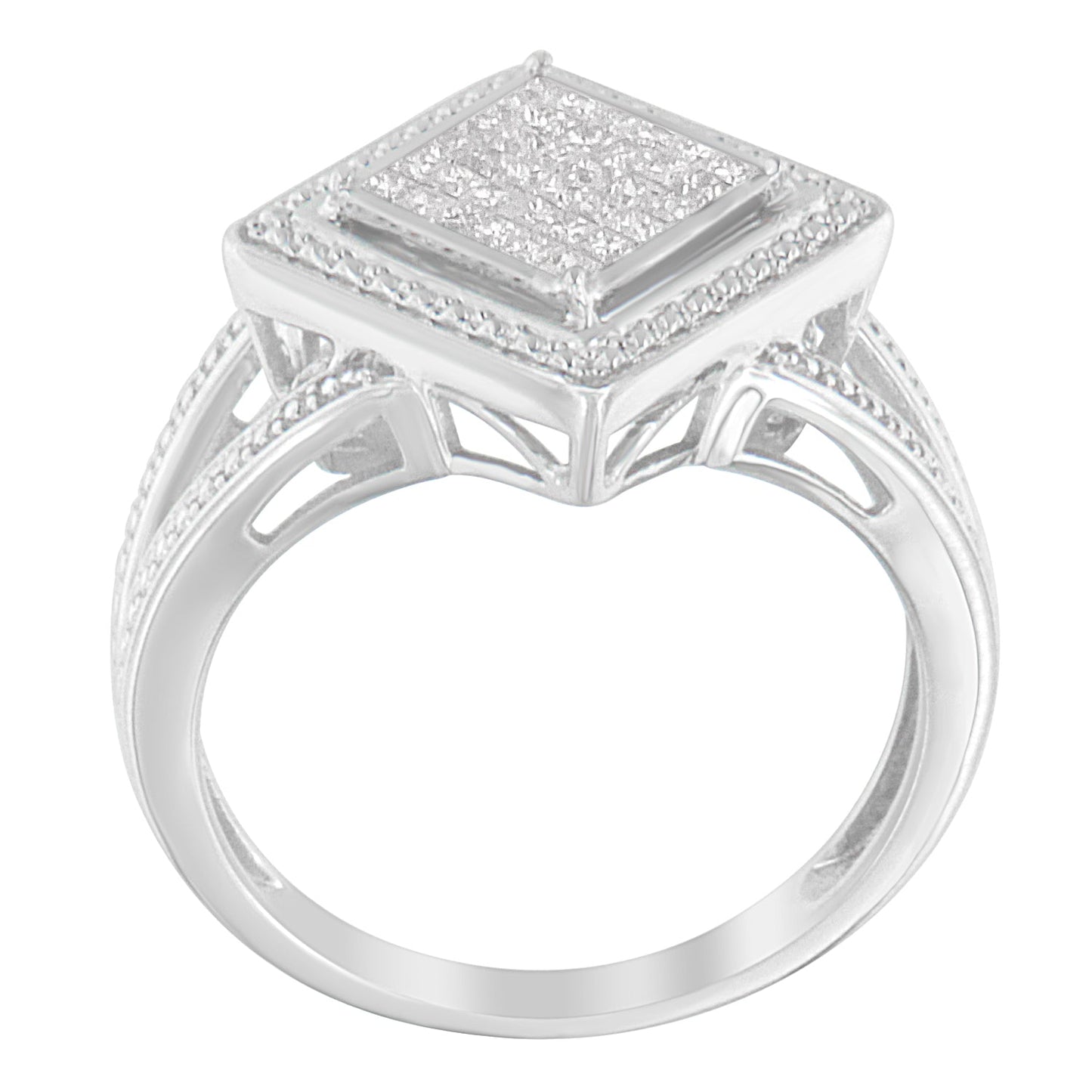 .925 Sterling Silver 1/3 Cttw Invisible Set Princess-Cut Diamond Rhombus and Beaded Halo Ring (H-I Color, SI1-SI2 Clarity) - Ring Size 7 Bids.com