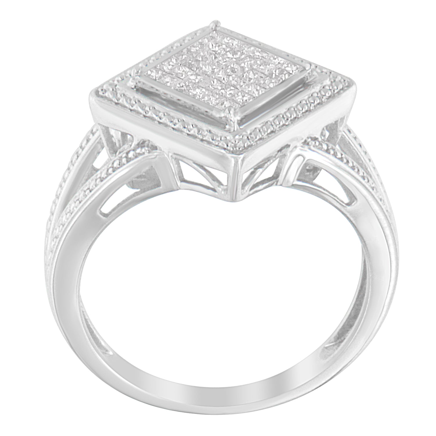 .925 Sterling Silver 1/3 Cttw Invisible Set Princess-Cut Diamond Rhombus and Beaded Halo Ring (H-I Color, SI1-SI2 Clarity) - Ring Size 7 Bids.com