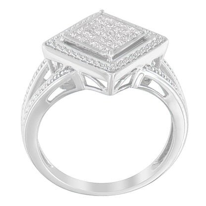 .925 Sterling Silver 1/3 Cttw Invisible Set Princess-Cut Diamond Rhombus and Beaded Halo Ring (H-I Color, SI1-SI2 Clarity) - Ring Size 7 Bids.com