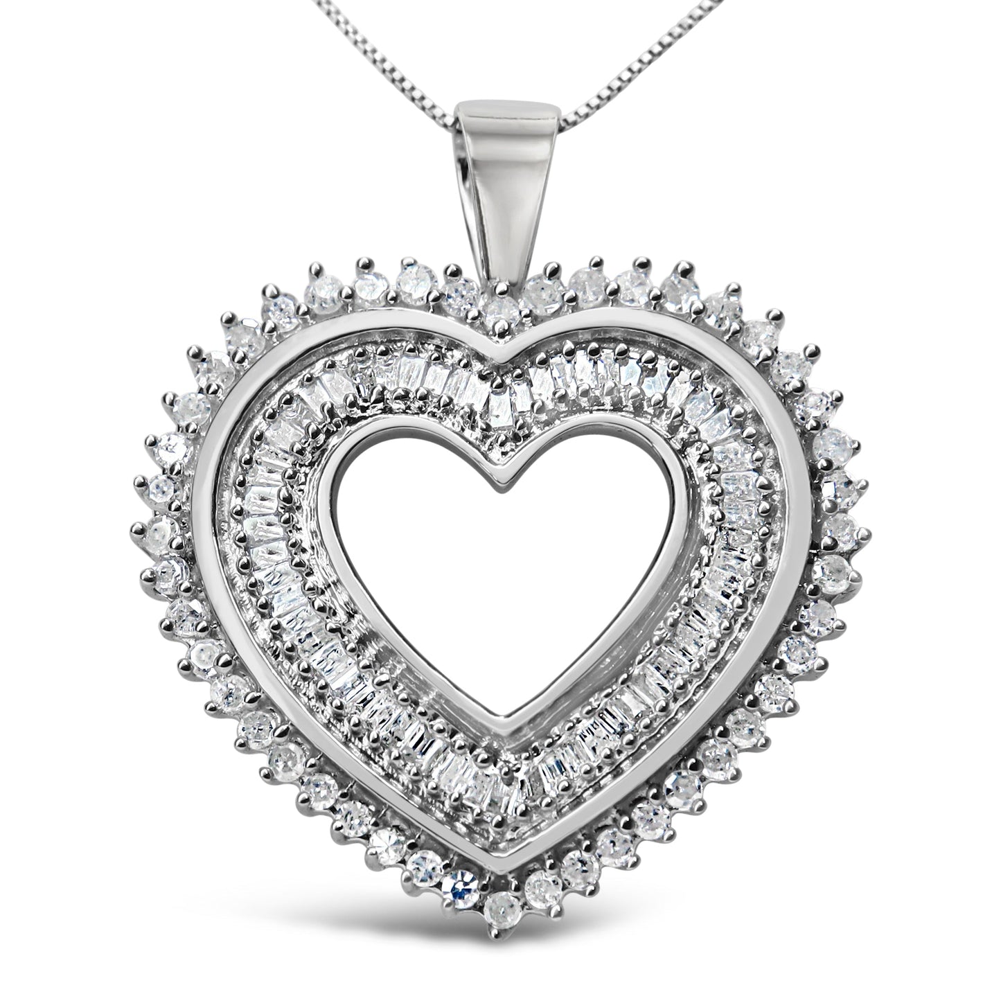 .925 Sterling Silver 1.0 Cttw Baguette and Round Diamond  Heart Pendant 18" Necklace (H-I Color, I3 Clarity) Bids.com