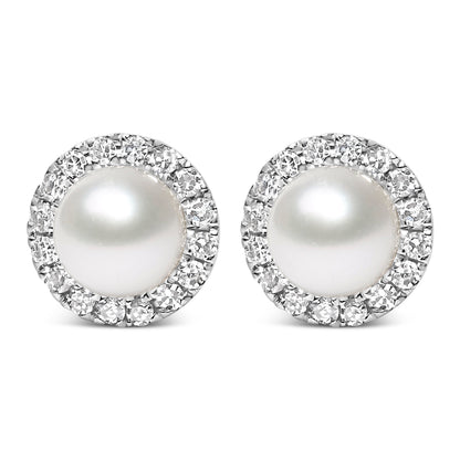 10K White Gold 4.5mm Cultured Freshwater Pearl and 1/7 Cttw Diamond Halo Stud Earring (I-J Color, I1-I2 Clarity) Bids.com