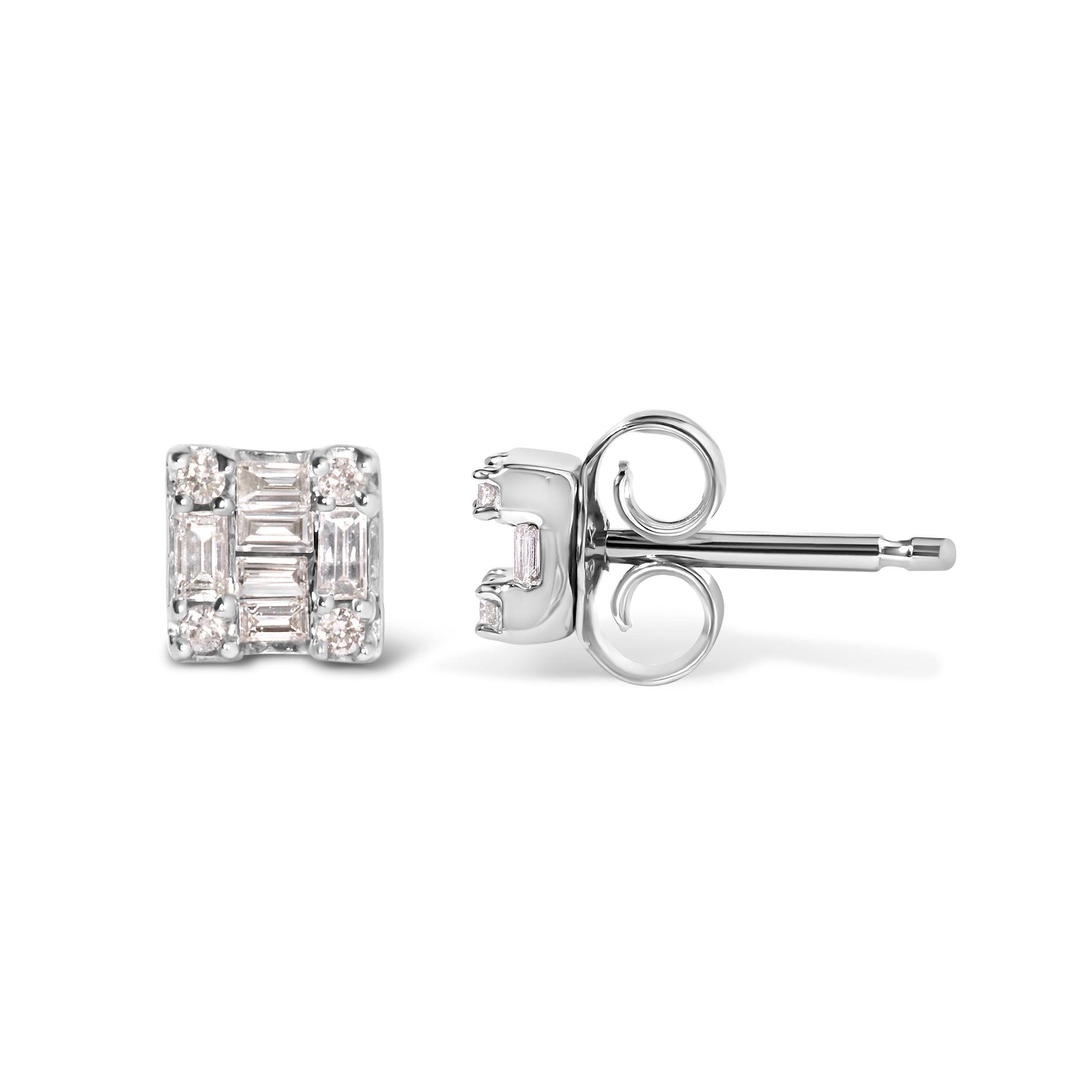 10K White Gold 1/7 Cttw Round and Baguette Diamond Mosaic Square Stud Earrings (H-I Color, I1-I2 Clarity) Bids.com