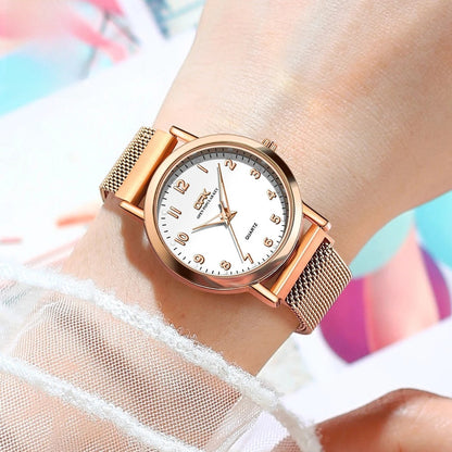 Women's Rose Gold Mesh Quartz Watch Slim Luminous Waterproof BandsCo Straps