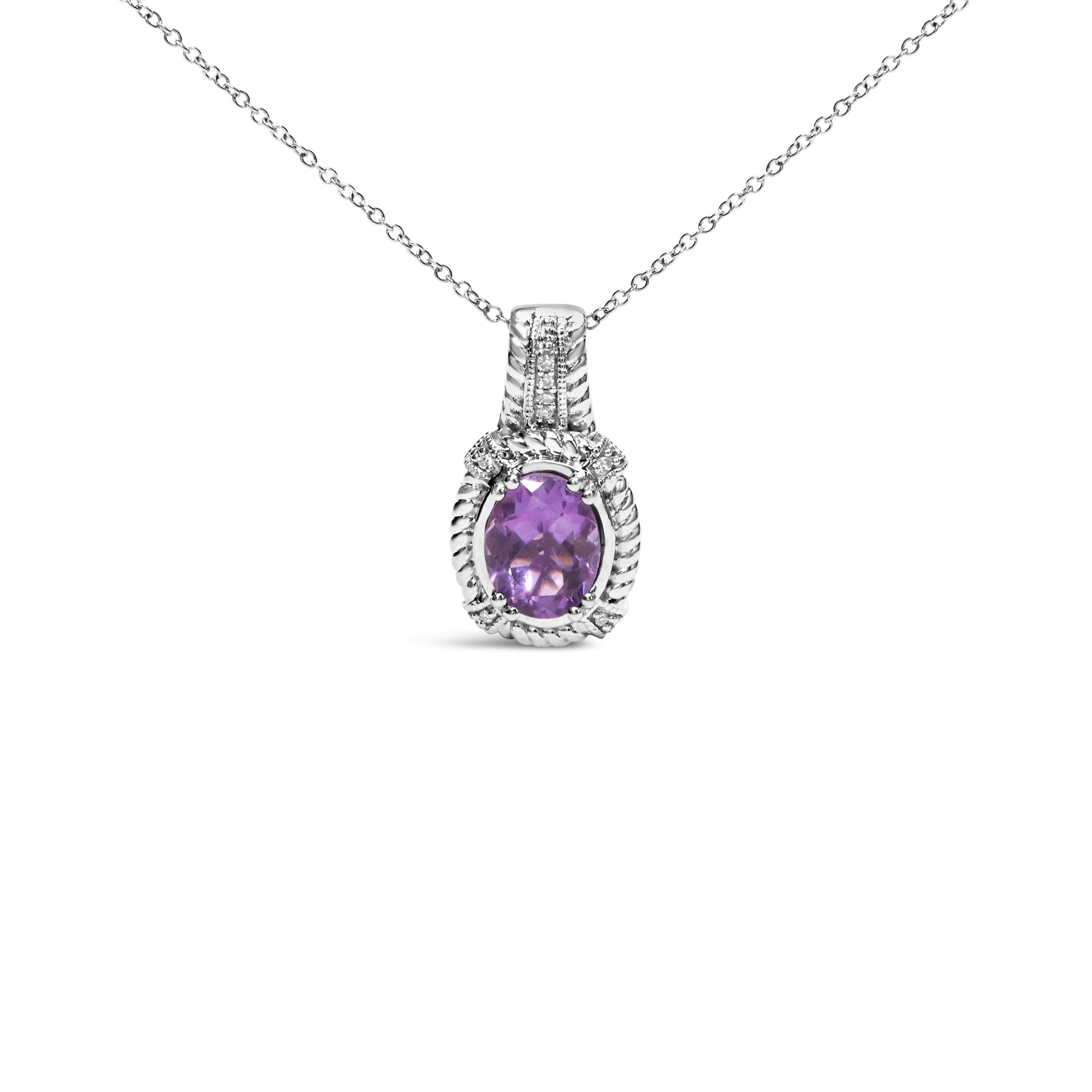 .925 Sterling Silver 9x7mm Oval Purple Amethyst and Round Diamond Accent Fashion Drop Pendant 18 Inch Necklace (I-J Color, I1-I2 Clarity) Bids.com