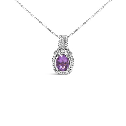 .925 Sterling Silver 9x7mm Oval Purple Amethyst and Round Diamond Accent Fashion Drop Pendant 18 Inch Necklace (I-J Color, I1-I2 Clarity) Bids.com