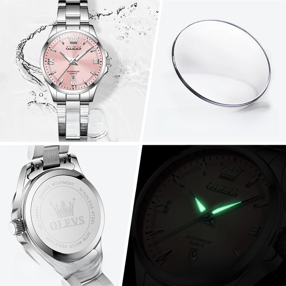 Women's Stainless Steel Watch Purple Dial Luminous Date BandsCo Straps