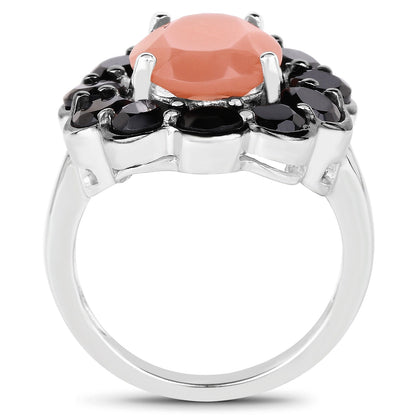 7.88 Carat Genuine Peach Moonstone and Black Spinel .925 Sterling Silver Ring Bids.com