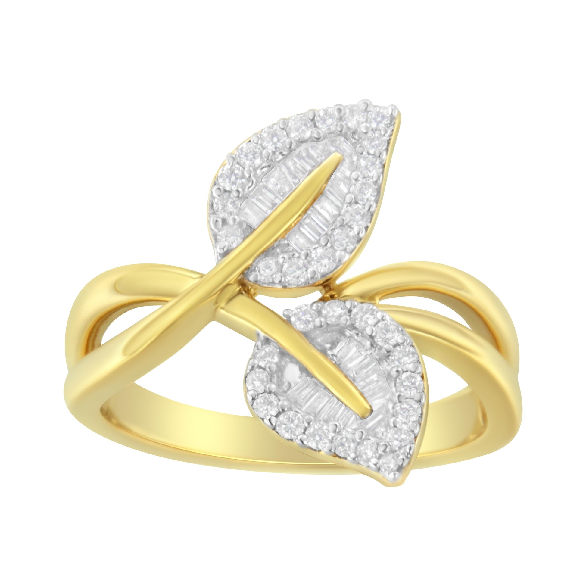 10K Yellow Gold 3/8 Cttw Round and Baguette-Cut Diamond Leaf Cocktail Ring - Size 7 (I-J Color, I1-I2 Clarity) Bids.com