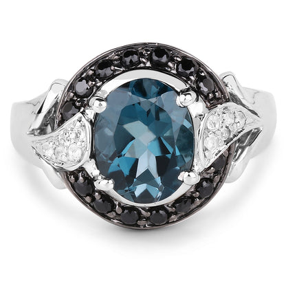 4.27 Carat Genuine London Blue Topaz, Black Spinel & White Topaz .925 Sterling Silver Ring Bids.com