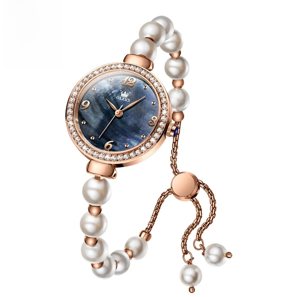 Women's Pearl Bracelet Watch Rose Gold Crystal Bezel BandsCo Straps