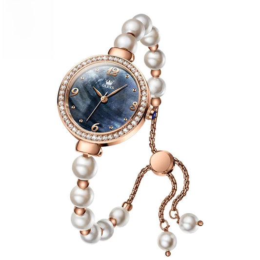 Women's Pearl Bracelet Watch Rose Gold Crystal Bezel BandsCo Straps