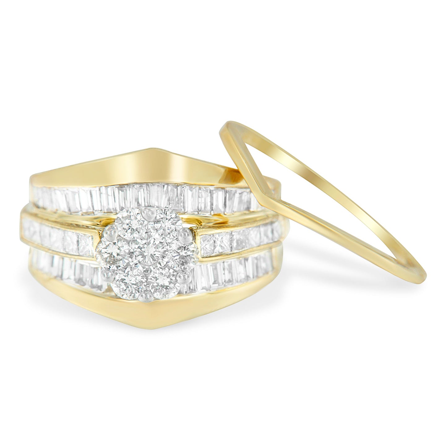 14K Yellow Gold 2-1/3 Cttw Diamond Cluster Channel Set Chevron Shaped Band Engagement Ring & Wedding Band Set (H-I Color, SI1-SI2 Clarity)- Size 5 Bids.com
