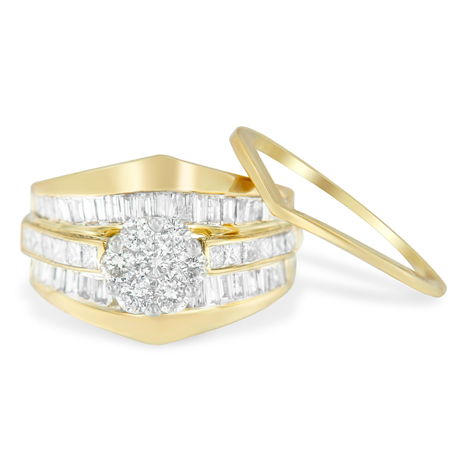 14K Yellow Gold 2-1/3 Cttw Diamond Cluster Channel Set Chevron Shaped Band Engagement Ring & Wedding Band Set (H-I Color, SI1-SI2 Clarity)- Size 5 Bids.com
