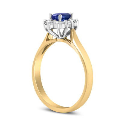 14K Yellow Gold 1/5 Cttw Round Diamond and 6x4mm Oval Blue Tanzanite Halo Ring (H-I Color, I1-I2 Clarity) - Size 7.75 Bids.com