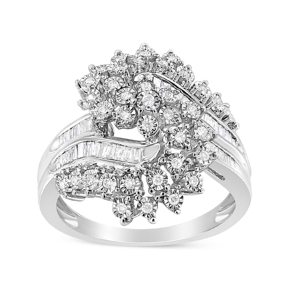10K White Gold 1/2 Cttw Round and Baguette-Cut "S" Shaped Bypass Cocktail Ring (I-J Color, I1-I2 Clarity) - Size 7 Bids.com