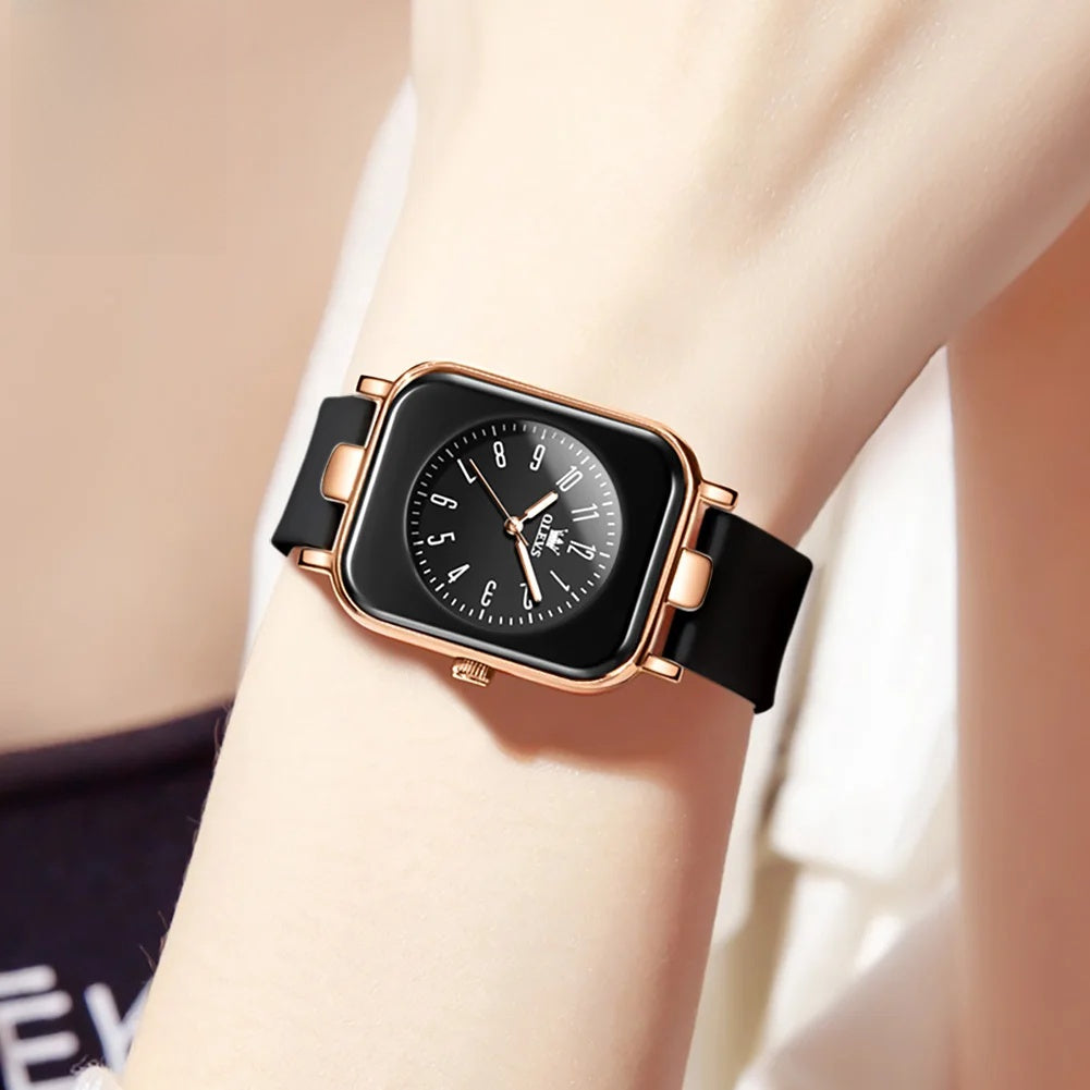 Women's Rectangular Gold Tone Quartz Watch Silicone Strap BandsCo Straps