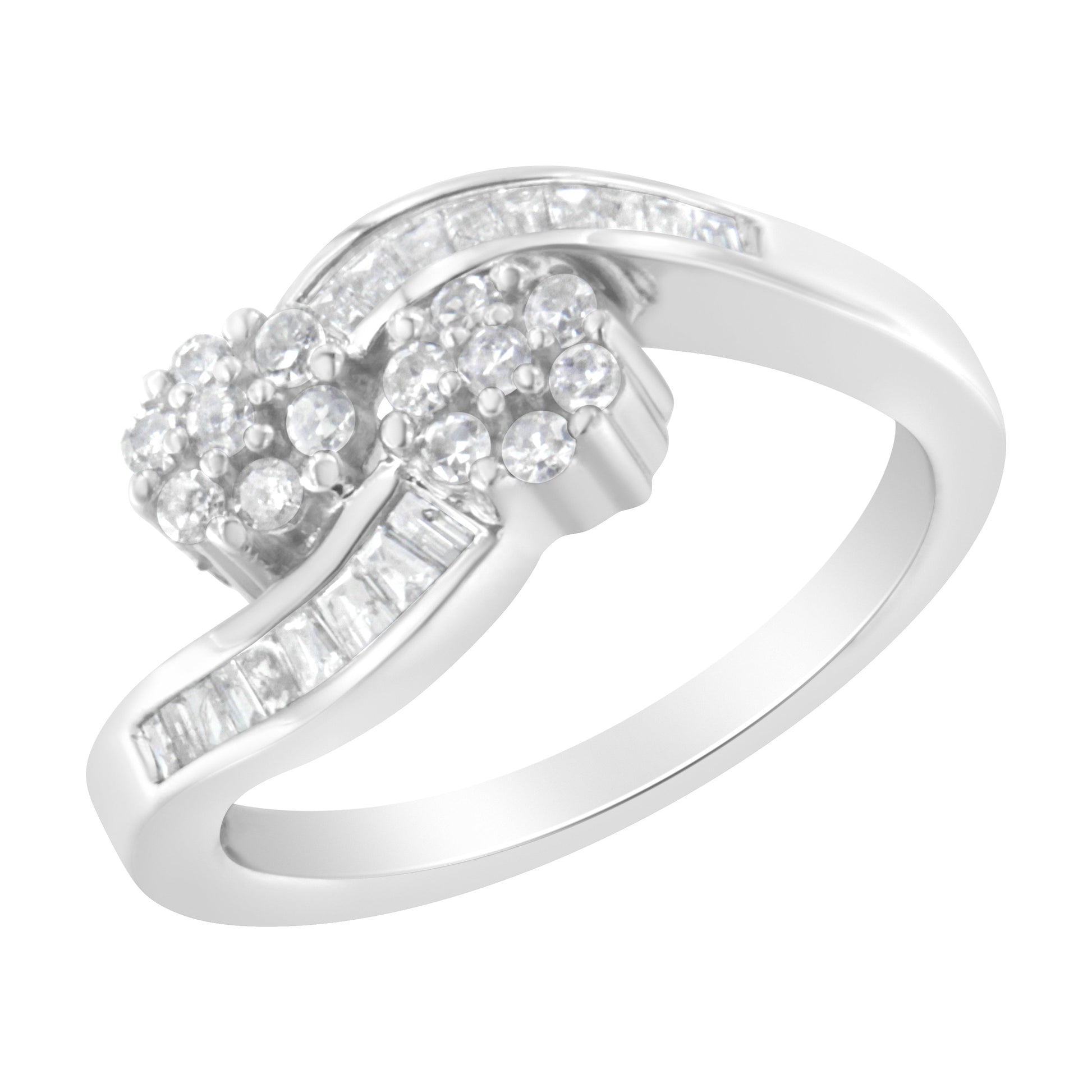 14K White Gold Round and Baguette Diamond Bypass Ring (1/2 cttw, H-I Color, I1-I2 Clarity) - Ring Size 6 Bids.com