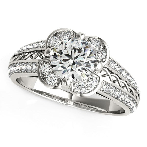 Round Diamond Floral Motif Engagement Ring in 14k White Gold (1 3/8 cttw) Bids.com