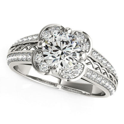 Round Diamond Floral Motif Engagement Ring in 14k White Gold (1 3/8 cttw) Bids.com
