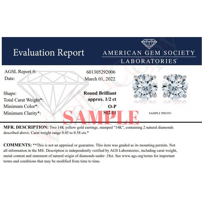AGS Certified 14K Yellow Gold 1/2 Cttw 4 Prong Set Brilliant Round-Cut Solitaire Diamond Push Back Stud Earrings (O-P, Color, SI2-I1 Clarity) Bids.com