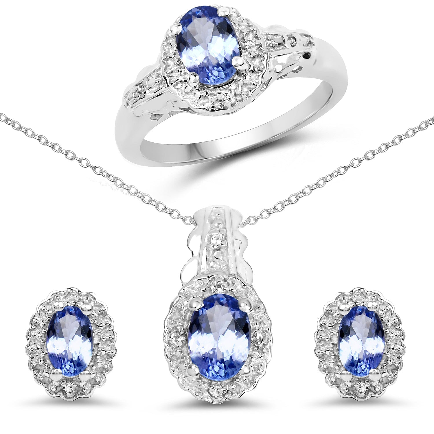 2.46 Carat Genuine Tanzanite and White Topaz .925 Sterling Silver 3 Piece Jewelry Set (Ring, Earrings, and Pendant w/ Chain) Bids.com