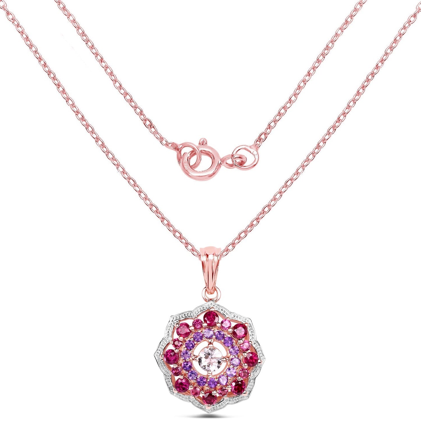 14K Rose Gold Plated 2.30 Carat Genuine Morganite, Rhodolite and Amethyst .925 Sterling Silver Pendant Bids.com