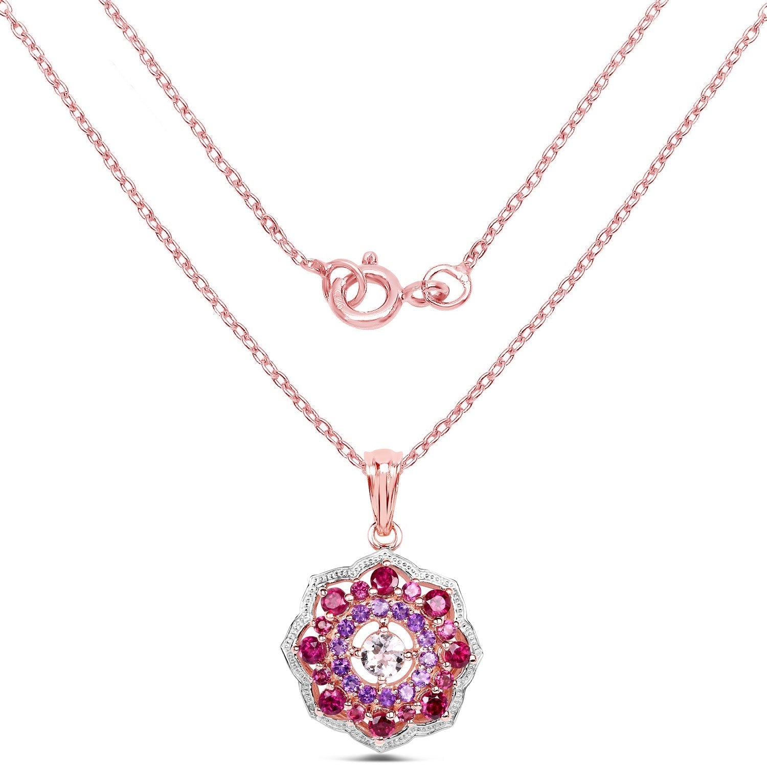14K Rose Gold Plated 2.30 Carat Genuine Morganite, Rhodolite and Amethyst .925 Sterling Silver Pendant Bids.com