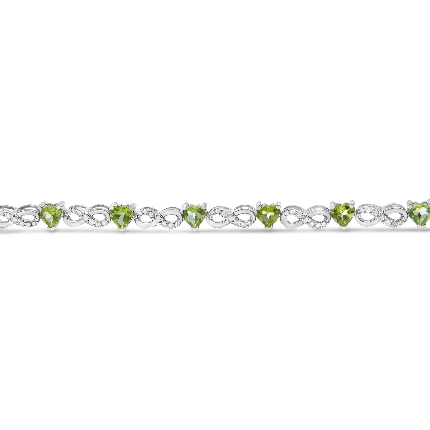 .925 Sterling Silver 1.00 Cttw Diamond and 4.00mm Lab Created Green Heart-Shaped Peridot Infinity Link Bracelet (I-J Color, I2-I3 Clarity) - 7.25" Bids.com
