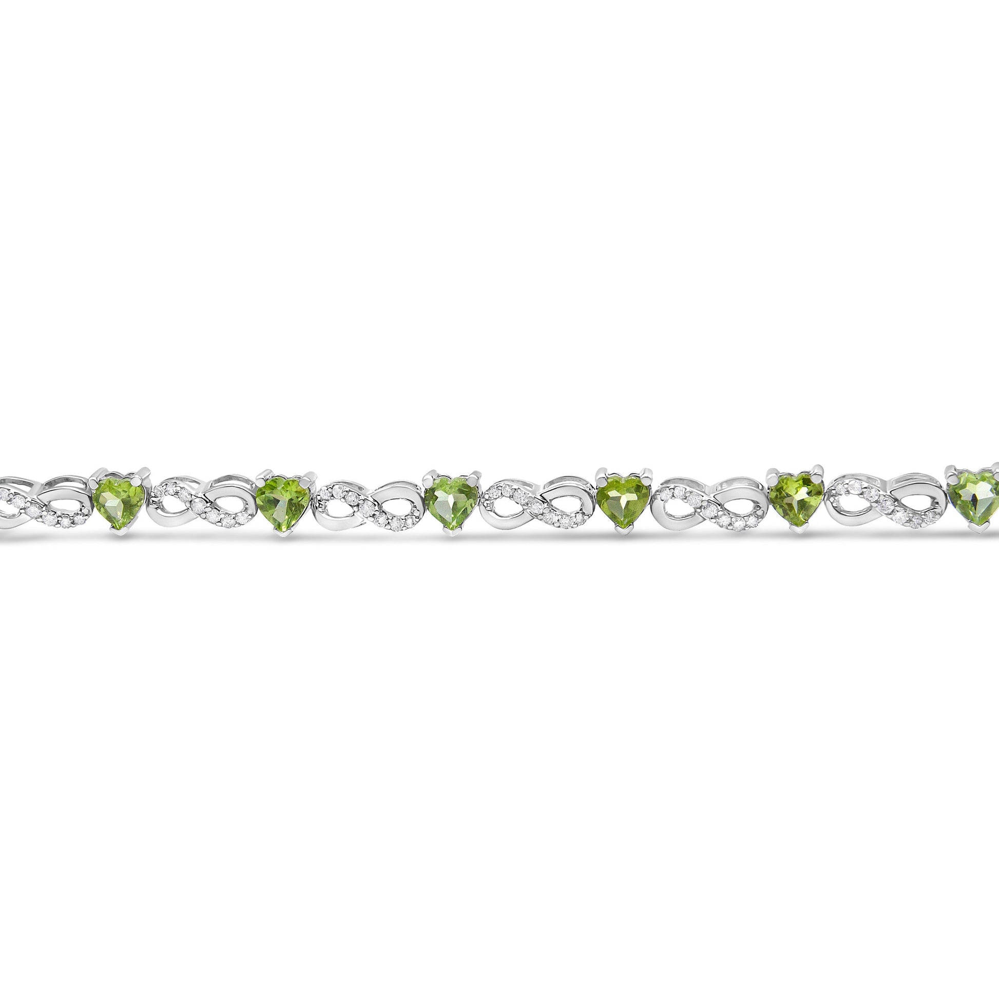 .925 Sterling Silver 1.00 Cttw Diamond and 4.00mm Lab Created Green Heart-Shaped Peridot Infinity Link Bracelet (I-J Color, I2-I3 Clarity) - 7.25" Bids.com