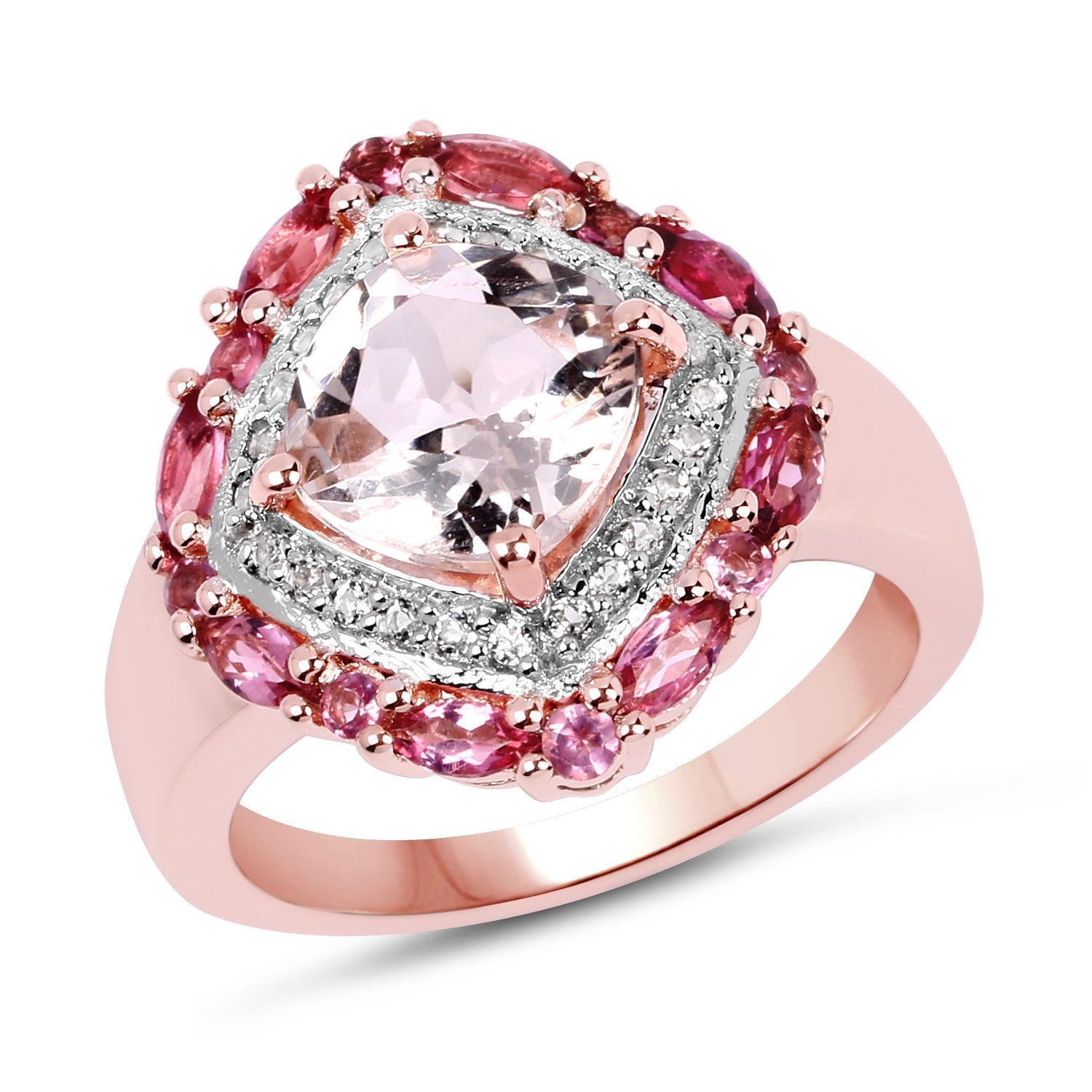 14K Rose Gold Plated 3.11 Carat Genuine Morganite, Pink Tourmaline & White Topaz .925 Sterling Silver Ring Bids.com