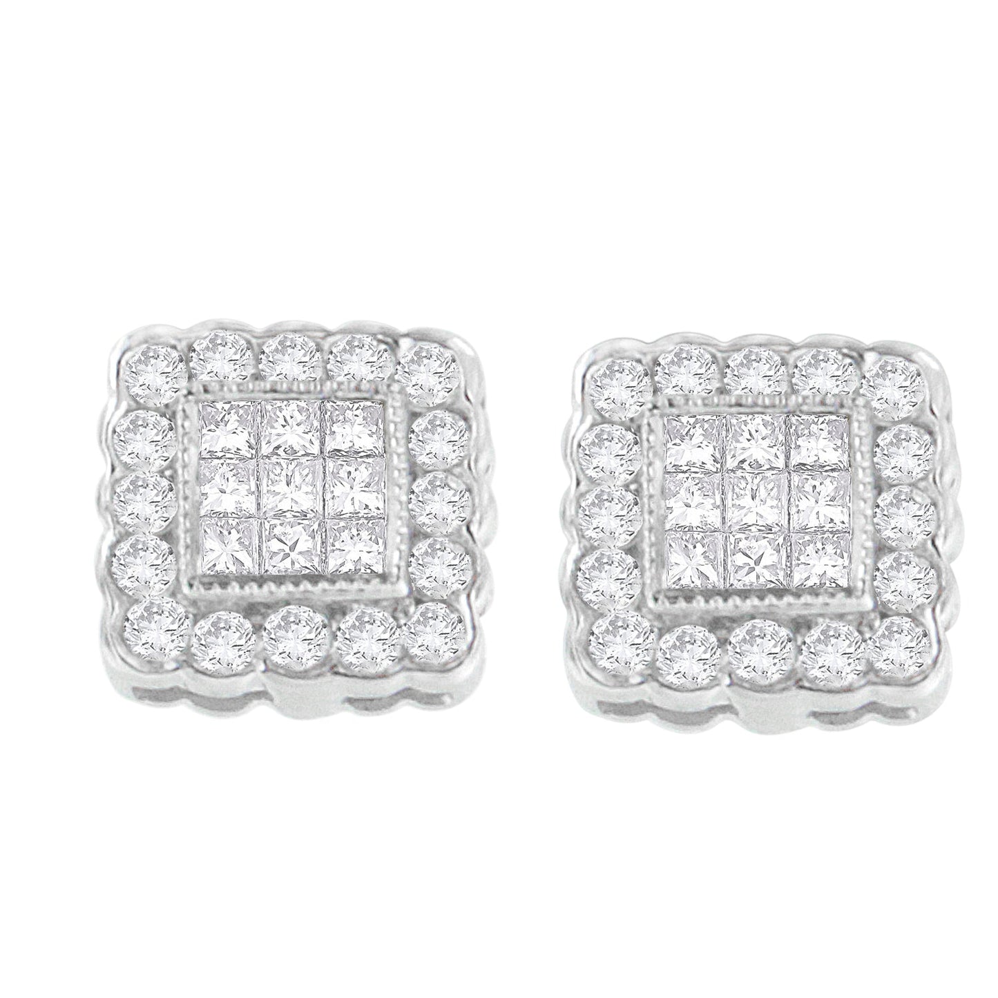 14K White Gold 1.0 Cttw Round Brilliant & Princess Cut Diamond Scallop-Edge Framed Square Halo Stud Earrings (G-H Color, SI1-SI2 Clarity) Bids.com