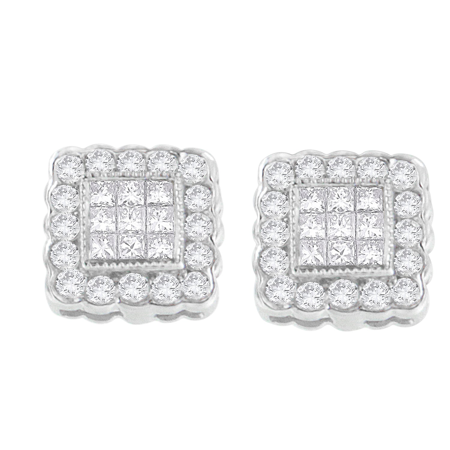 14K White Gold 1.0 Cttw Round Brilliant & Princess Cut Diamond Scallop-Edge Framed Square Halo Stud Earrings (G-H Color, SI1-SI2 Clarity) Bids.com