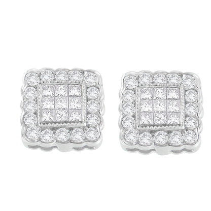 14K White Gold 1.0 Cttw Round Brilliant & Princess Cut Diamond Scallop-Edge Framed Square Halo Stud Earrings (G-H Color, SI1-SI2 Clarity) Bids.com