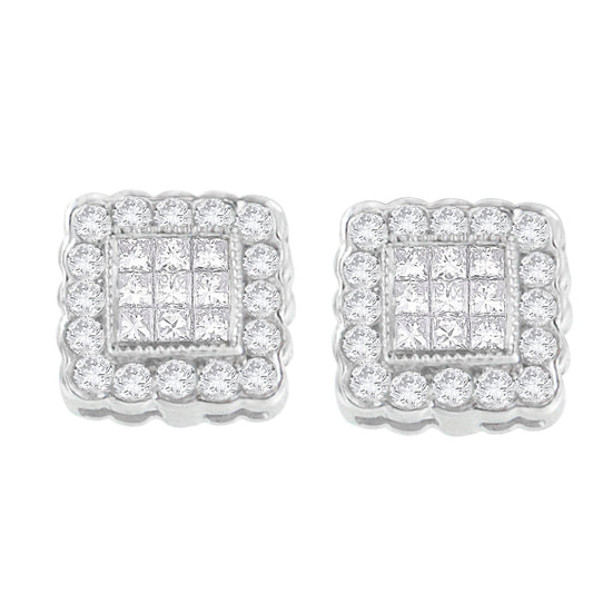 14K White Gold 1.0 Cttw Round Brilliant & Princess Cut Diamond Scallop-Edge Framed Square Halo Stud Earrings (G-H Color, SI1-SI2 Clarity) Bids.com
